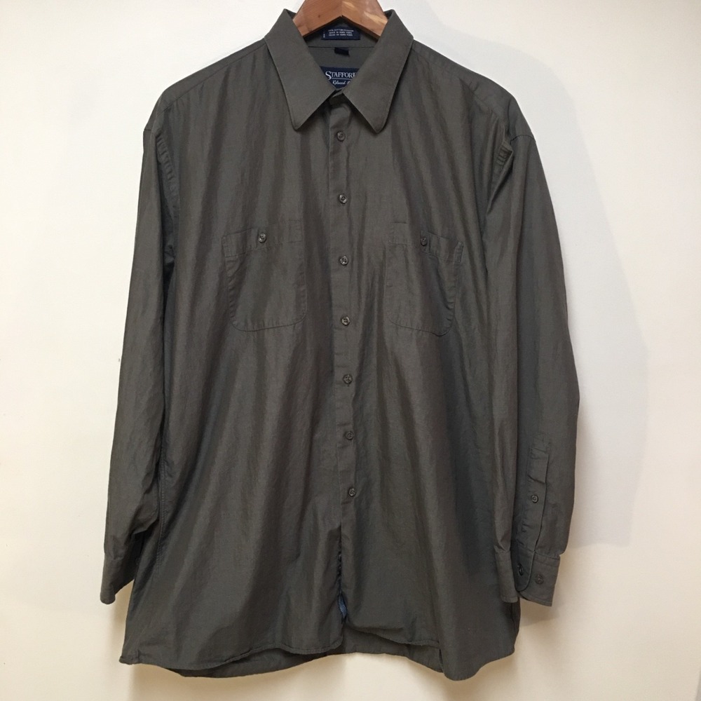Stafford Button Down Shirt Mens 17 34/35 Olive Green Relaxed Fit Cotton Pockets